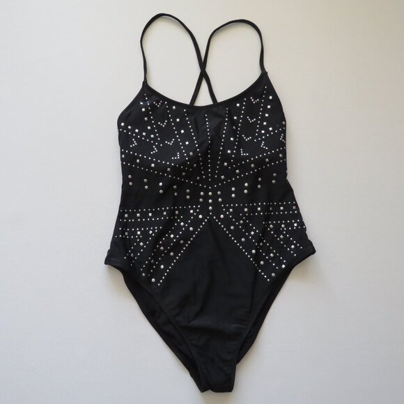 Xhilaration Black Silver Studs Women’s One Piece Sleeveless Swimsuit L - Picture 1 of 12
